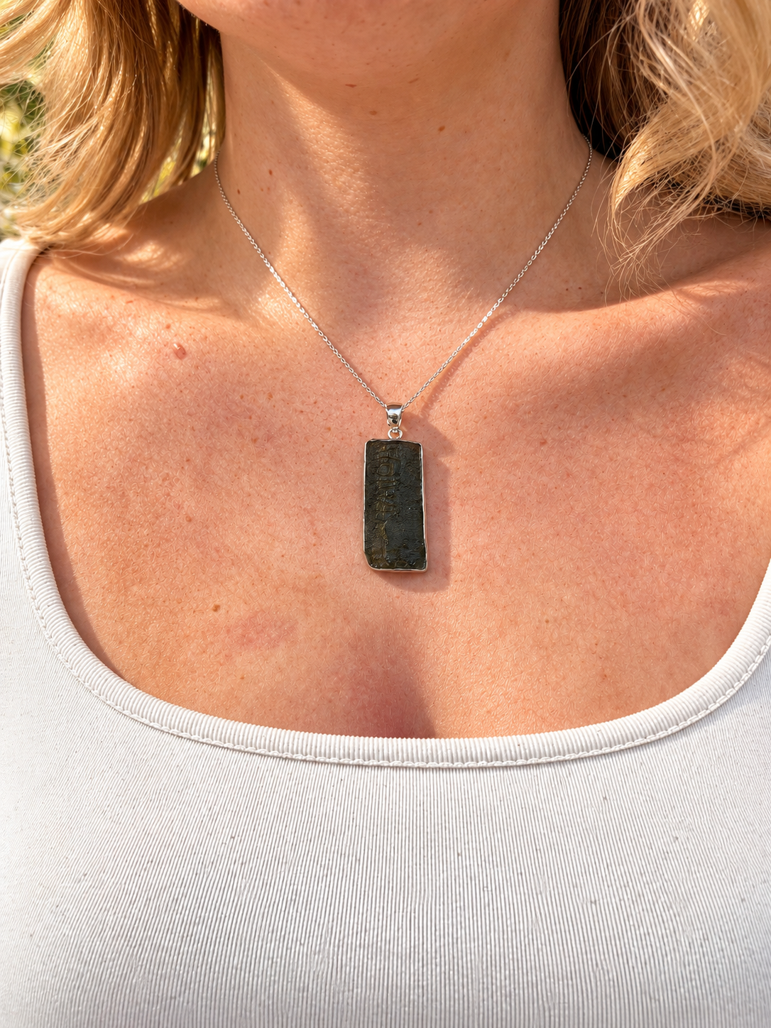 Rough Cut Green Moldavite Sterling Silver Pendant