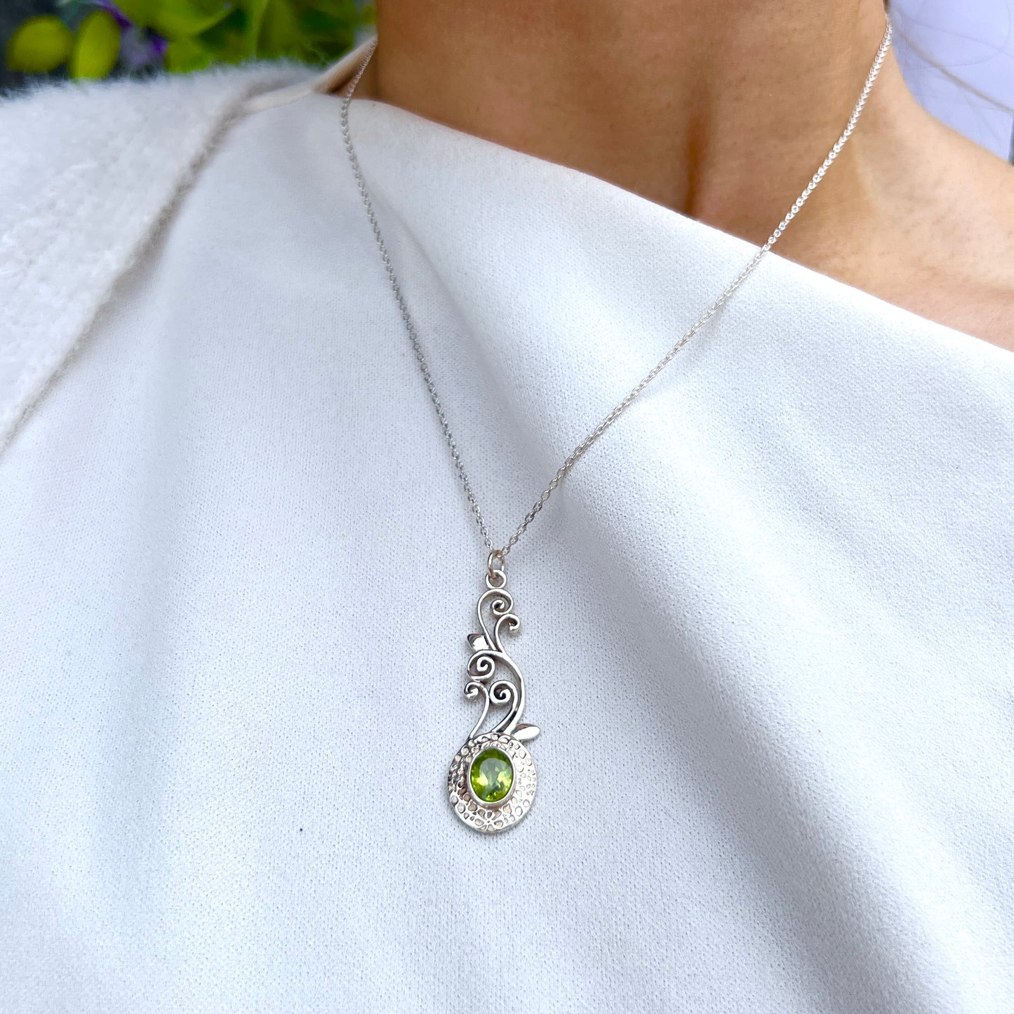 Dainty Sterling Silver Peridot Swirl Necklace