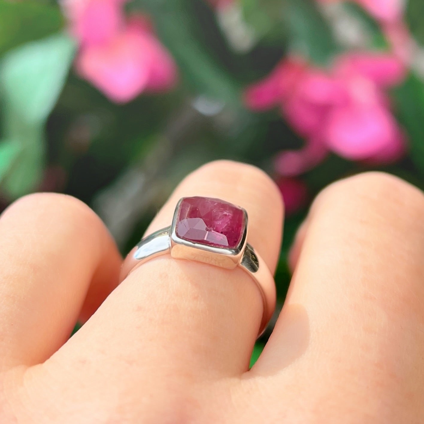 Chunky Sterling Silver Checkerboard Faceted Ruby Ring - Size M ½