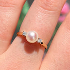 Classic Vintage Pearl and Diamond 9ct Yellow Gold Trilogy Ring | Size O ½
