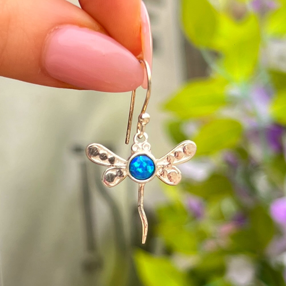 Sterling Silver Blue Opal Dragonfly Drop Earrings