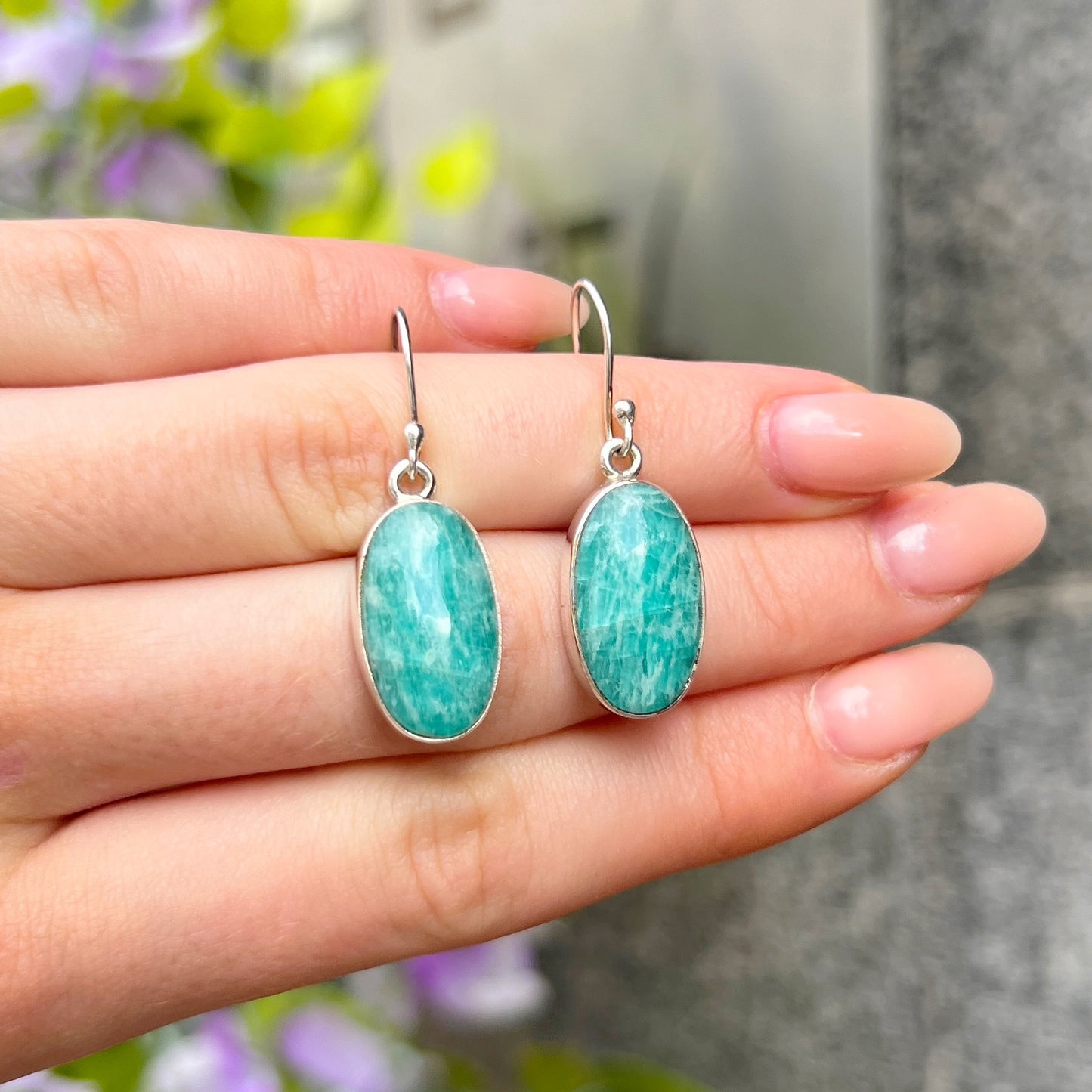 Sterling Silver Oval Blue Amazonite Drop Earrings