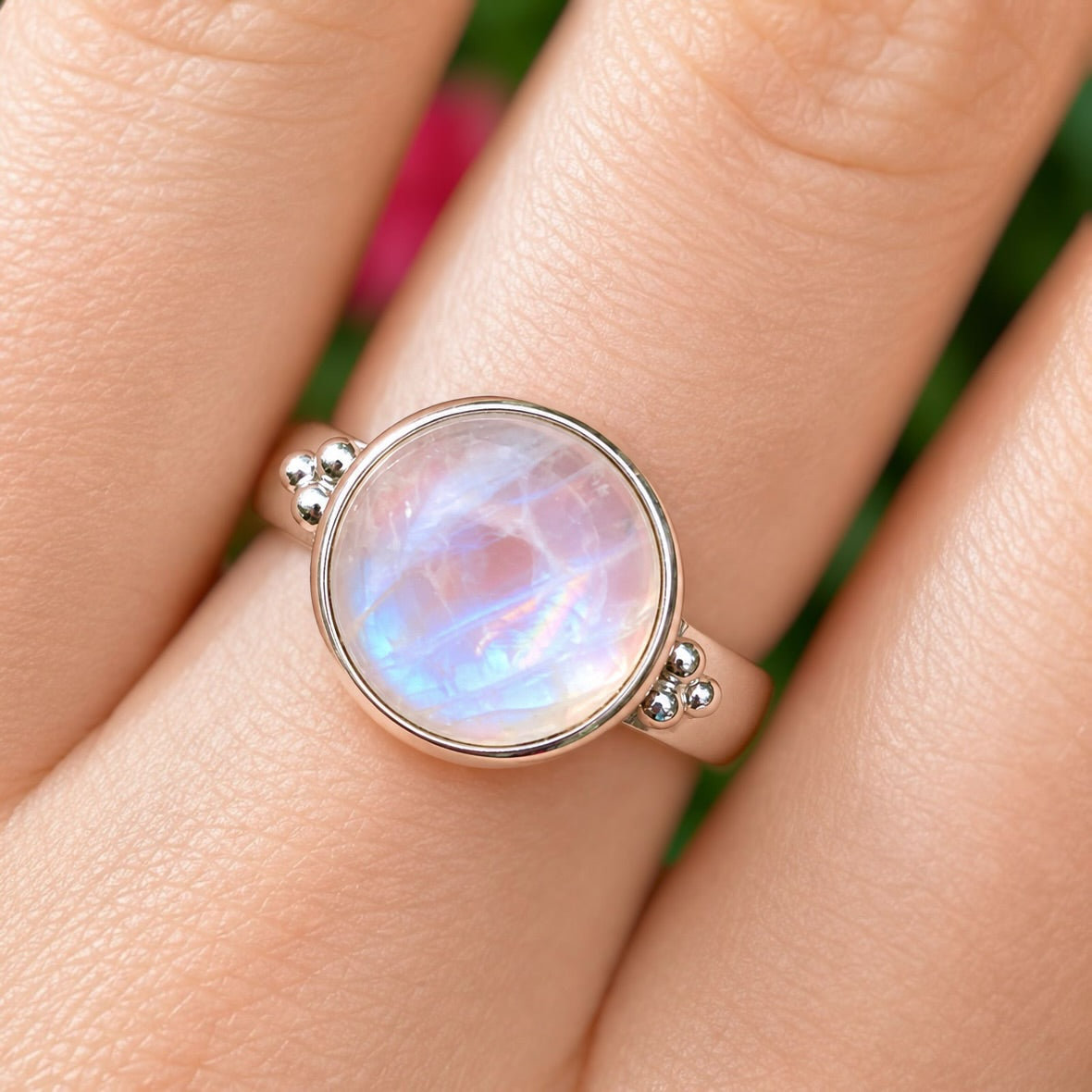 Striking Sterling Silver Round Rainbow Moonstone Ring - Size N