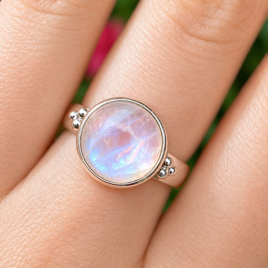 Striking Sterling Silver Round Rainbow Moonstone Ring - Size N