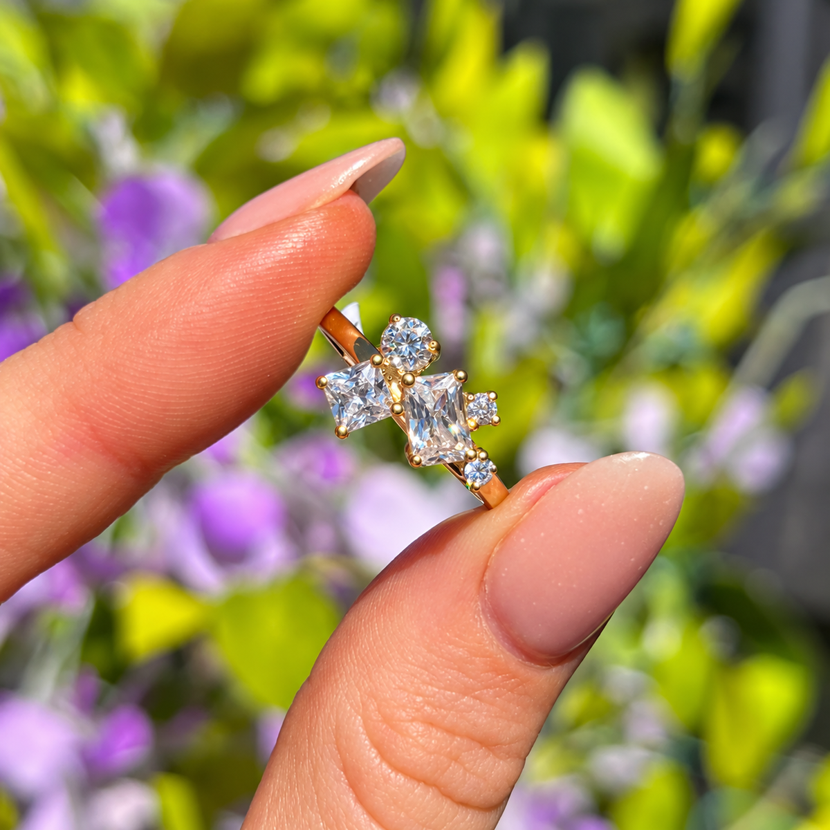 Asymmetric Cluster Cubic Zirconia 9ct Yellow Gold Ring | Size N