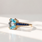 Blue Topaz Sapphire and Diamond 9ct Yellow Gold Engagement Ring | Size M ½