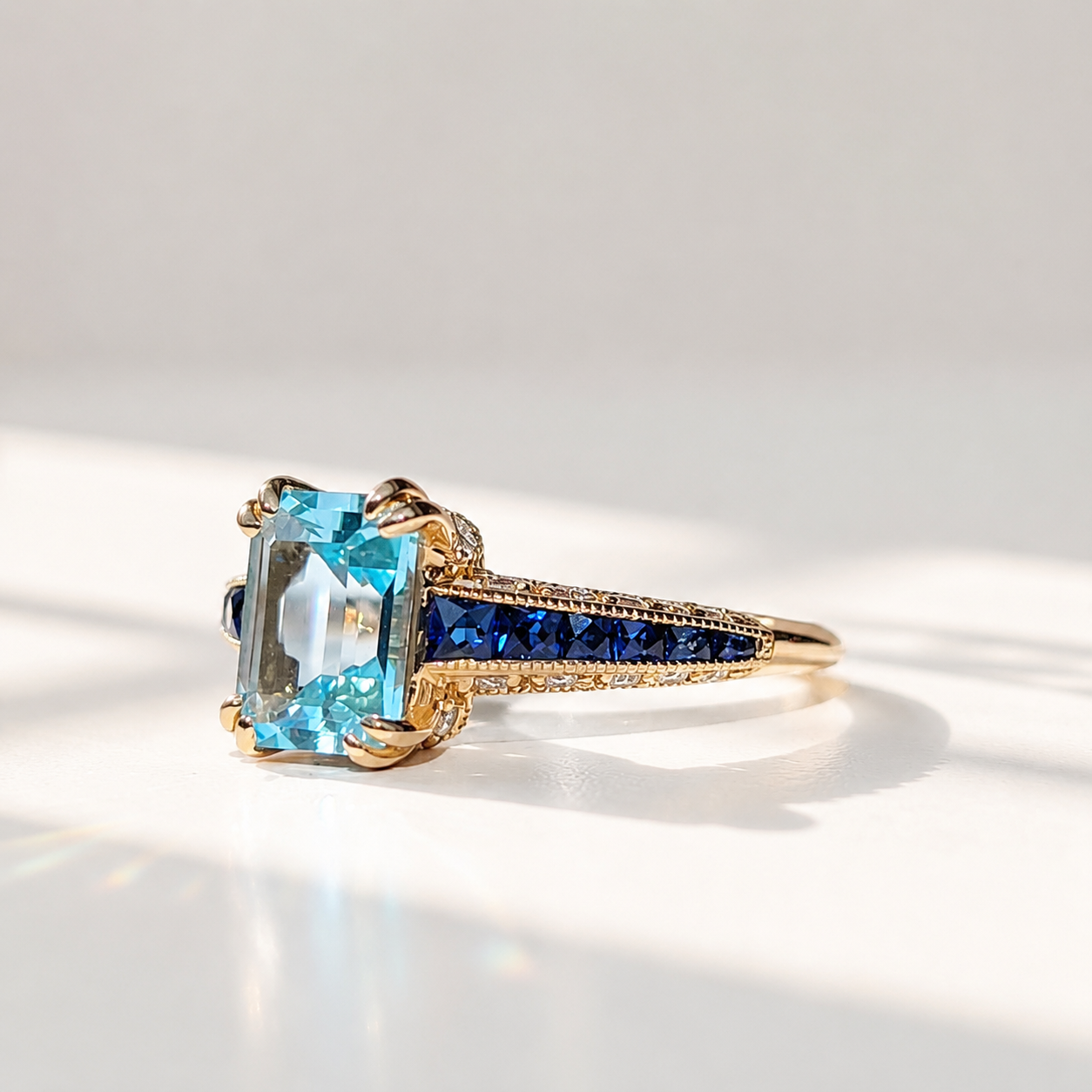 Blue Topaz Sapphire and Diamond 9ct Yellow Gold Engagement Ring | Size M ½