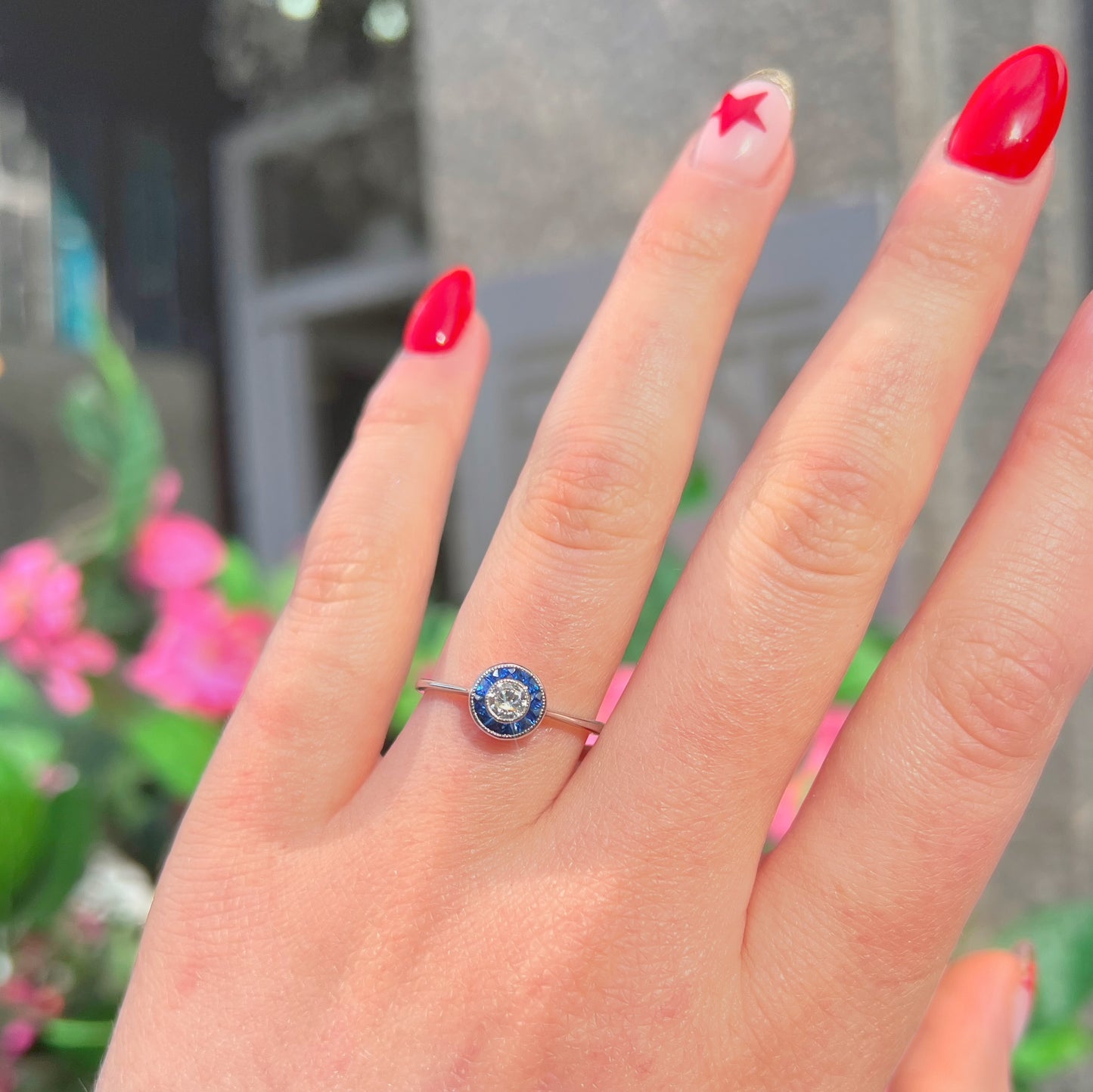Art Deco Inspired Platinum Sapphire and Diamond Engagement Ring – Size N