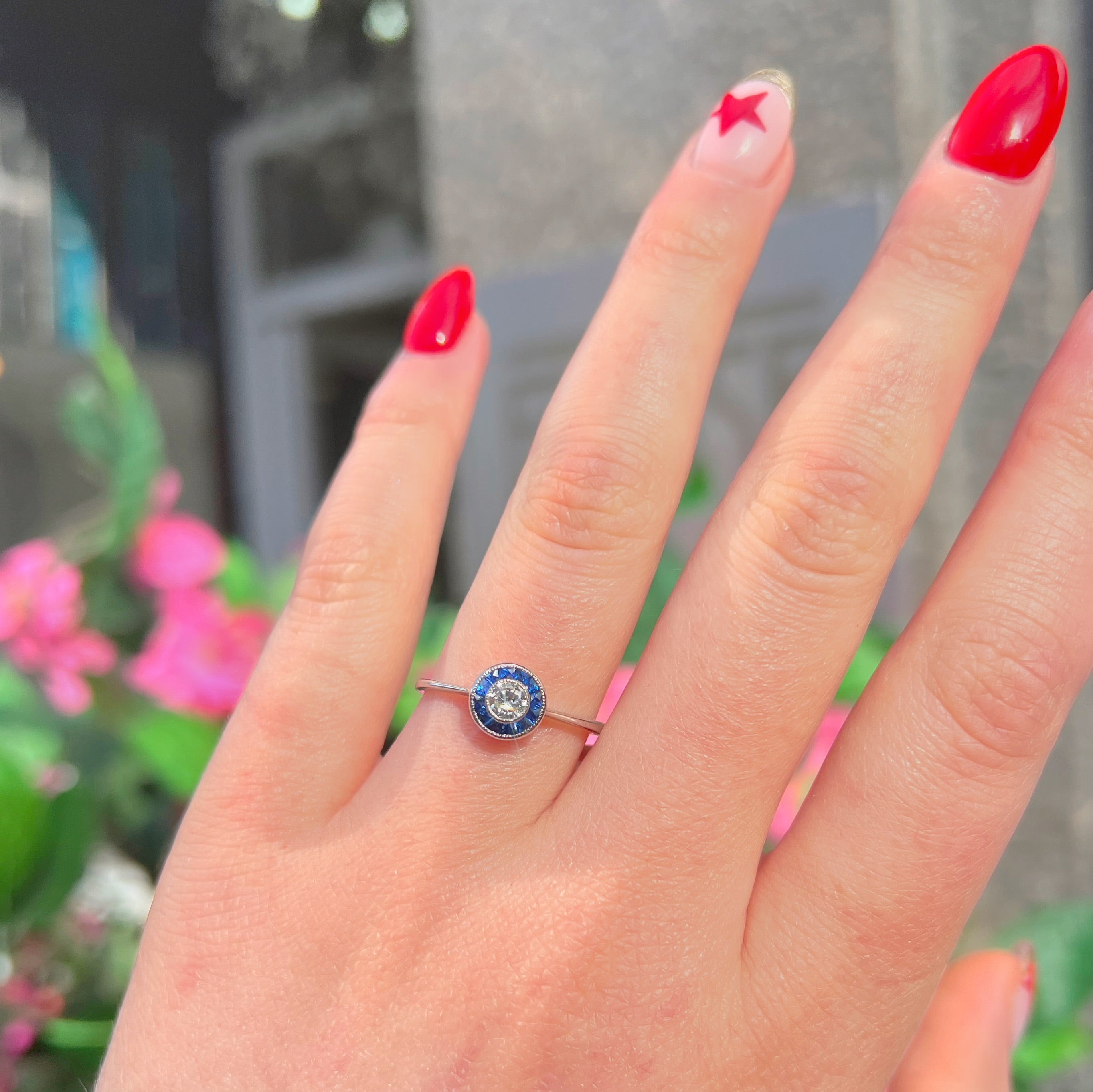Art Deco Inspired Sapphire and Diamond Platinum Engagement Ring | Size N