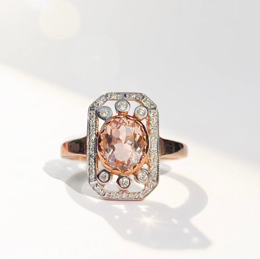 Art Deco Inspired 9ct Rose Gold Morganite and Diamond Ring – Size N ½