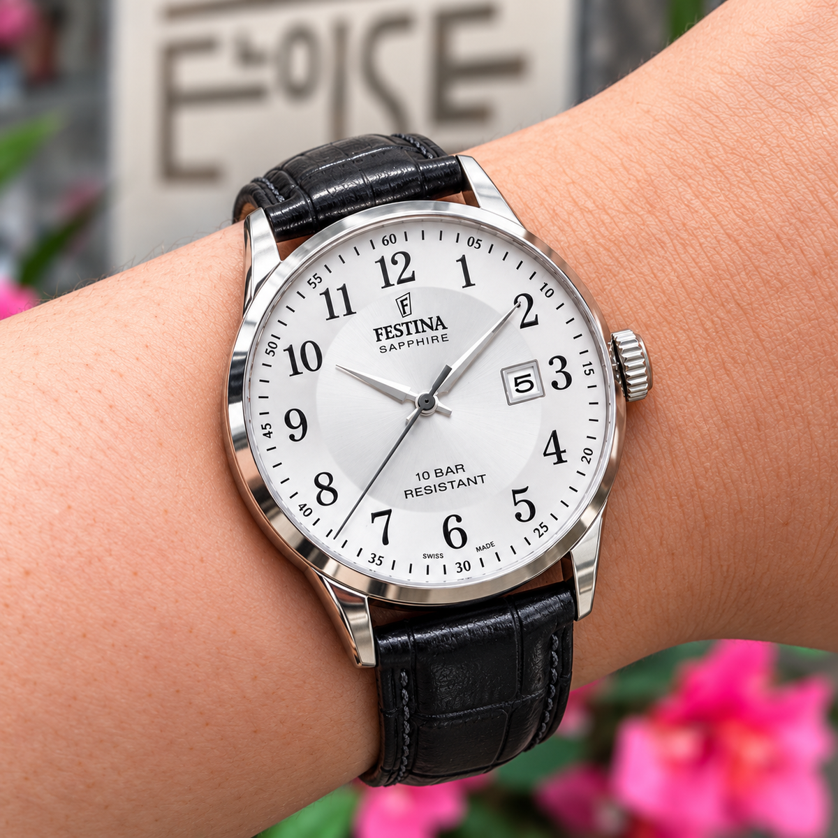 Festina | Swiss Steel Silver Dial Black Leather Strap Watch | Ladies
