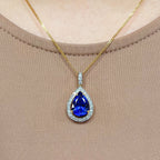 Vintage Pear Shaped Blue Tanzanite and Diamond 18ct Yellow Gold Necklace
