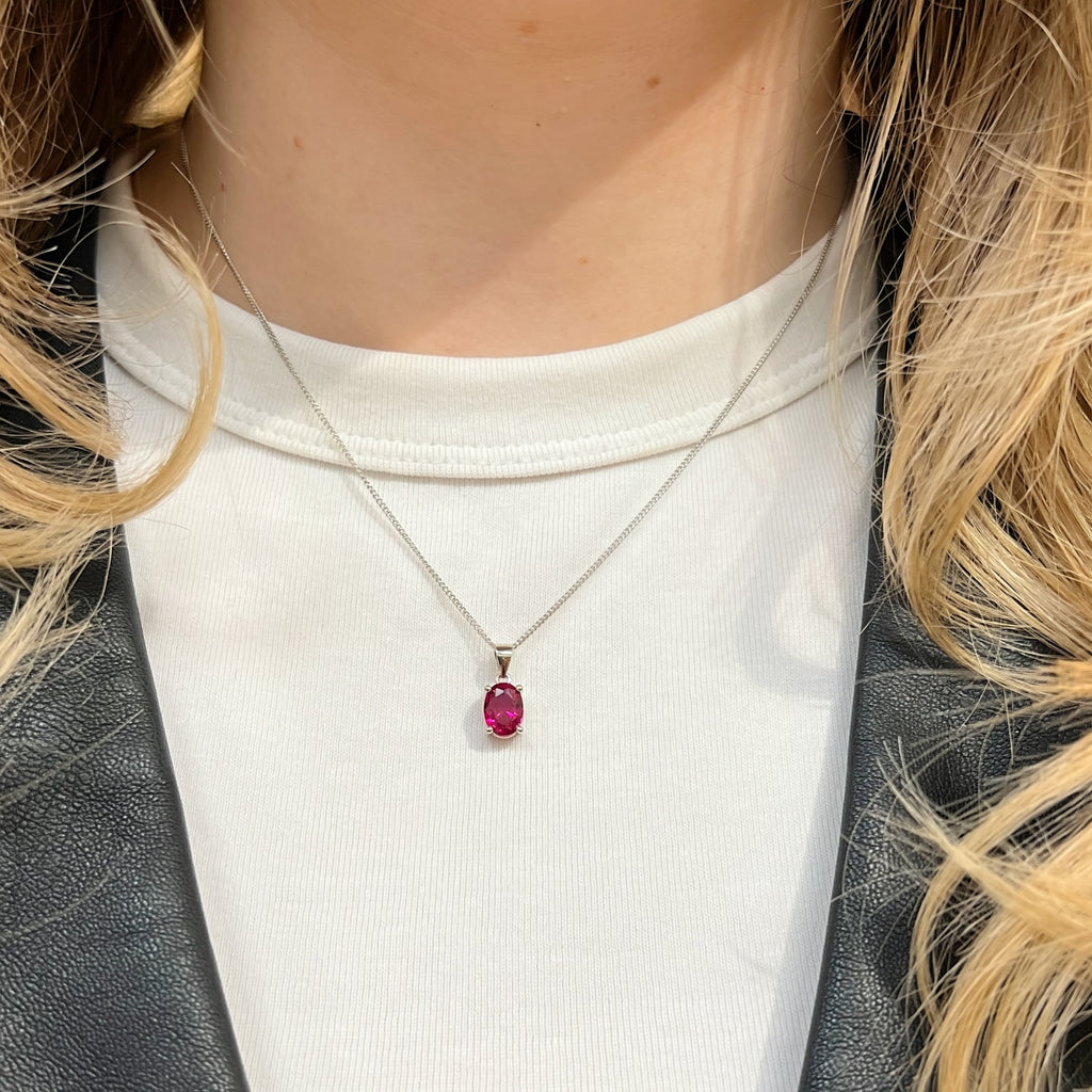 Oval-Cut Lab-Grown Ruby Sterling Silver Matching Necklace and Earring Set