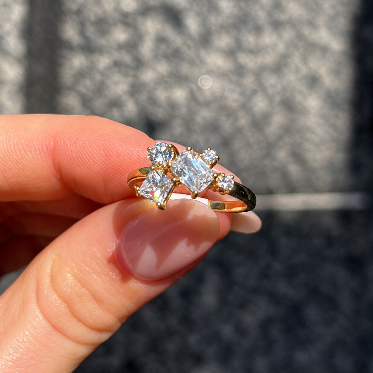 Asymmetric Cluster Cubic Zirconia 9ct Yellow Gold Ring | Size N