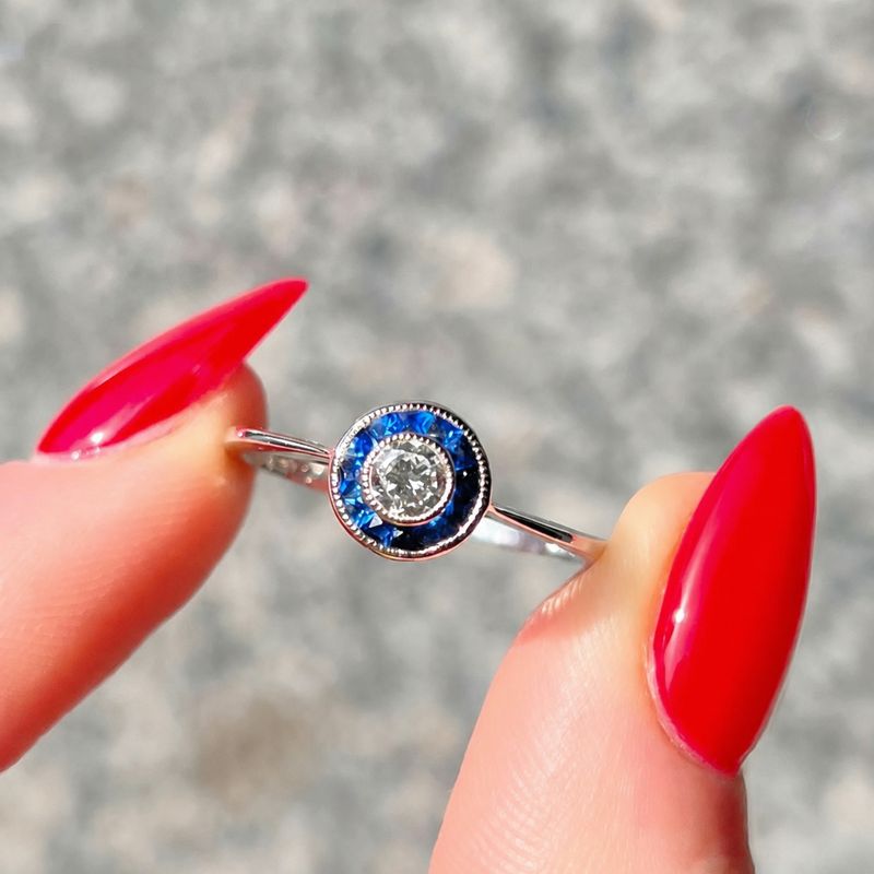 Art Deco Inspired Sapphire and Diamond Platinum Engagement Ring | Size N