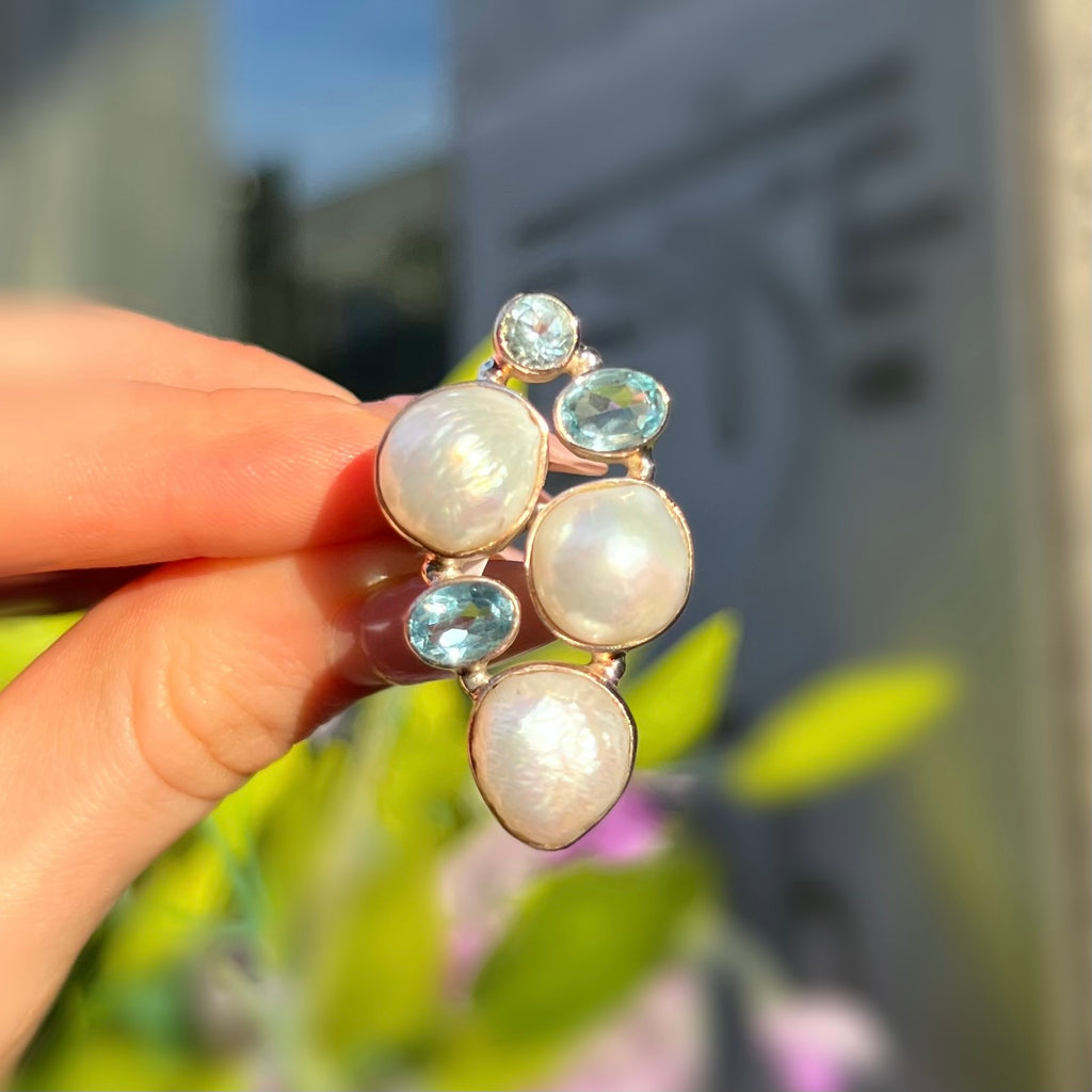 Baroque Pearl & Blue Topaz Sterling Silver Ring | Adjustable Size