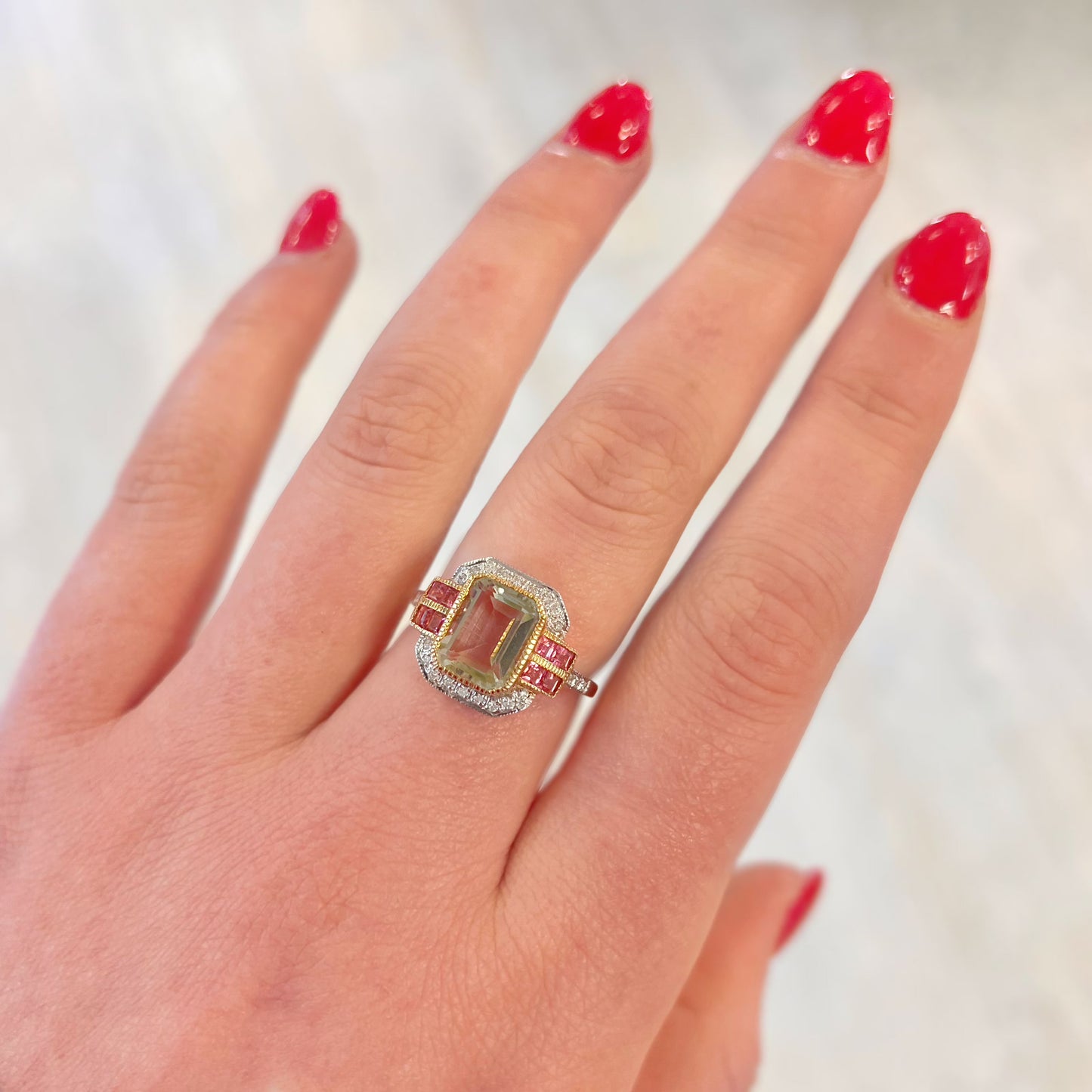 Art Deco Inspired 9ct Yellow Gold Green Amethyst and Pink Tourmaline Ring - Size O ½