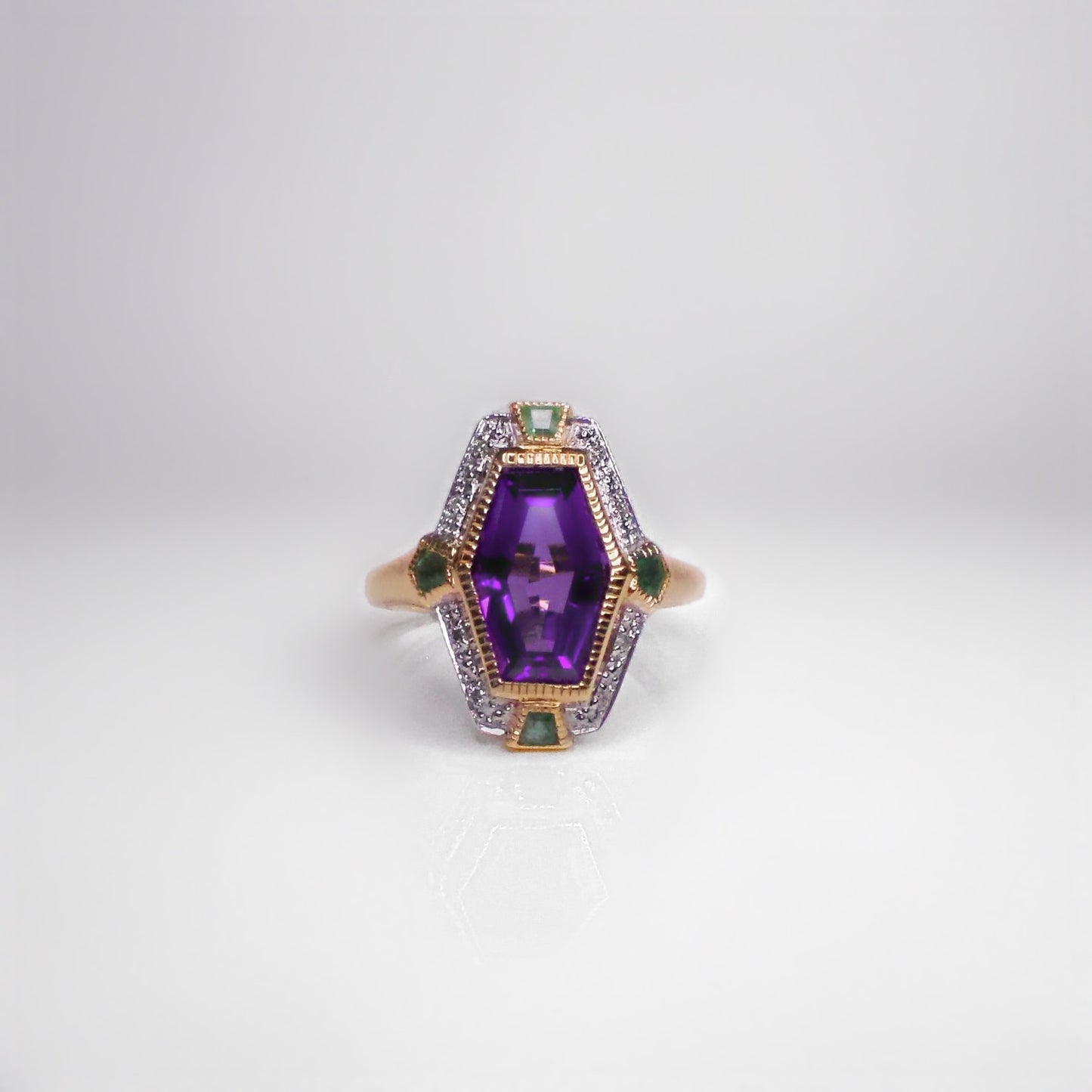 Art Deco Inspired 9ct Yellow Gold Amethyst Emerald and Diamond Ring- Size N