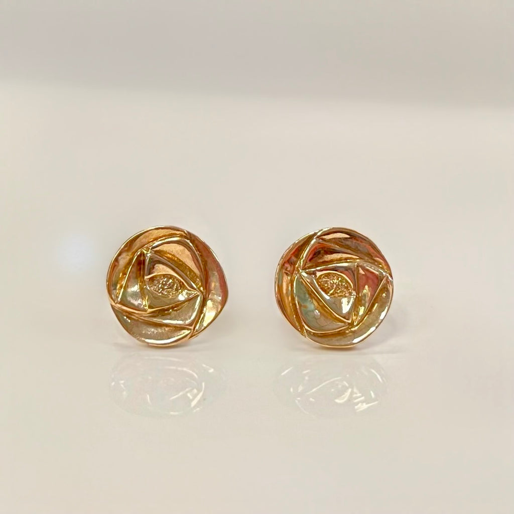 Vintage Charles Rennie Mackintosh Inspired Rose Motif Disc 9ct Yellow Gold Stud Earrings