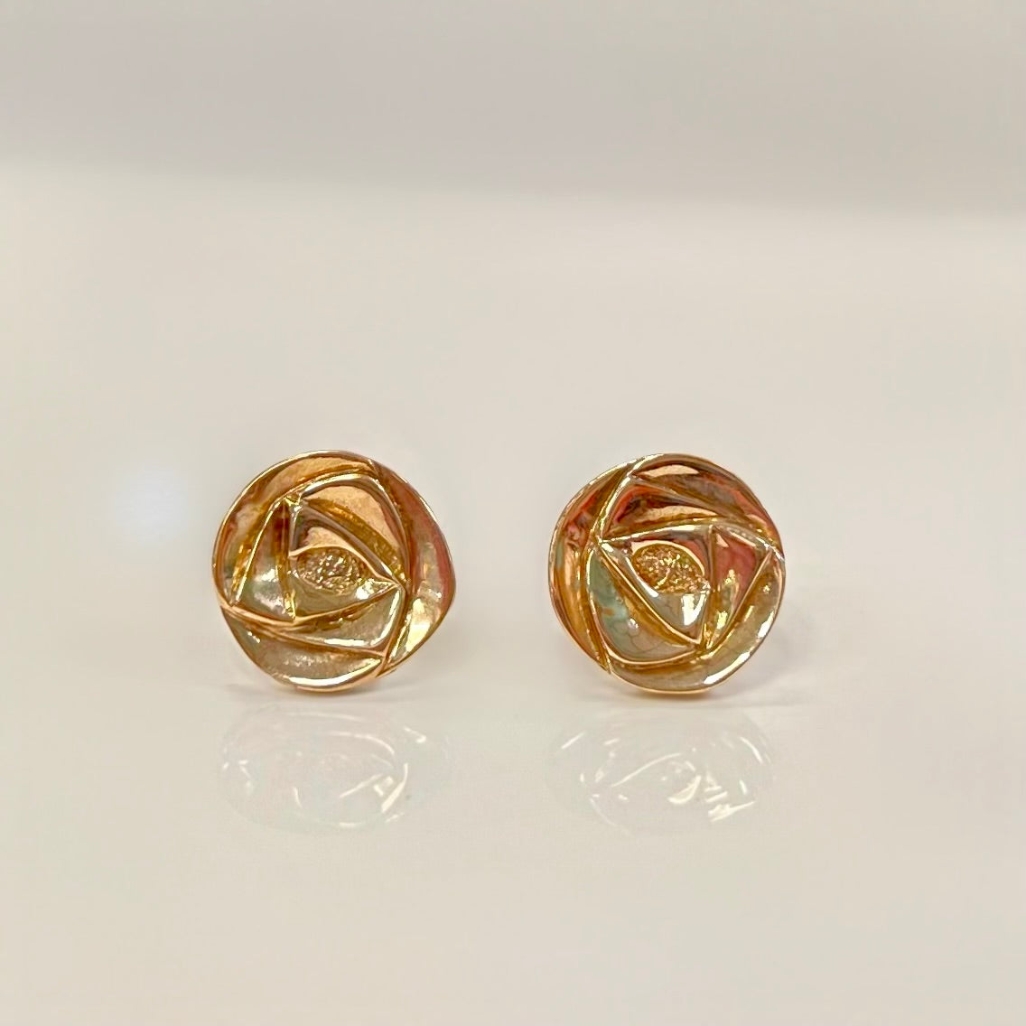 Vintage Charles Rennie Mackintosh Inspired Rose Motif Disc 9ct Yellow Gold Stud Earrings