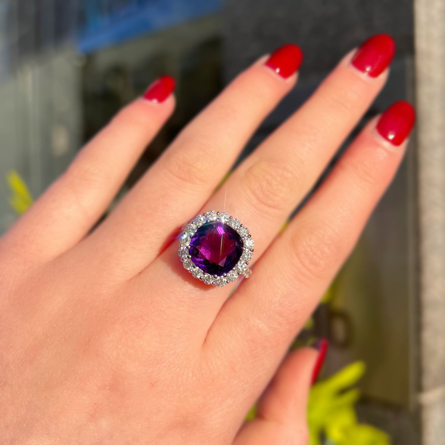 'Elizabeth' Ring - Spectacular 18ct White Gold Amethyst and Diamond Statement Dress Ring – Size N 1/2