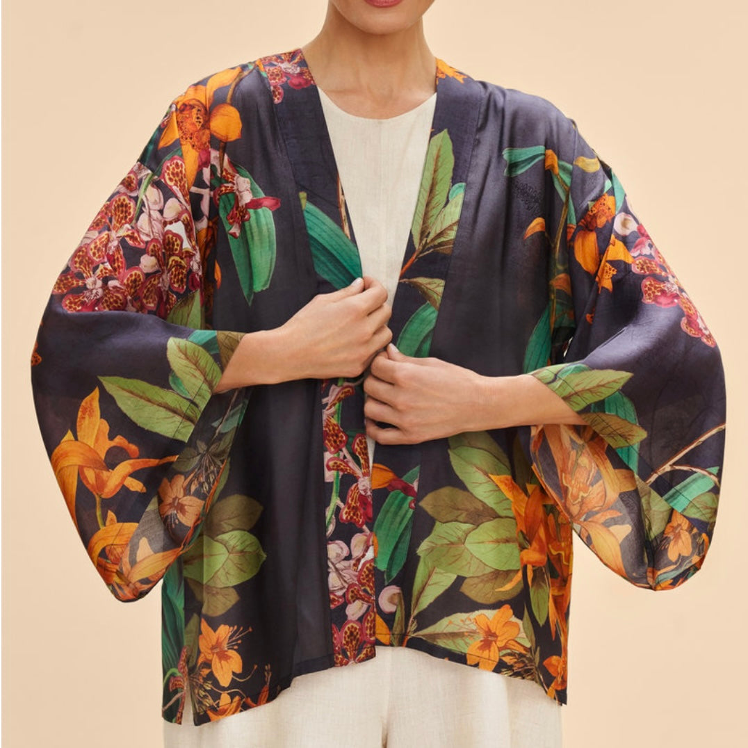 Powder Accessories Botany Bliss in Charcoal Navy Floral Short Kimono Jacket