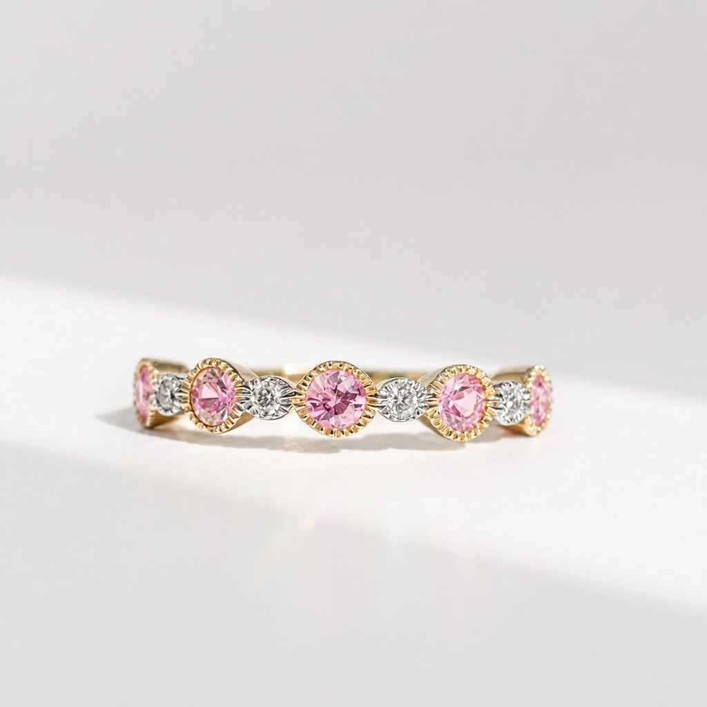 Pink Sapphire and Diamond 9ct Yellow Gold Half Eternity Ring | Size N