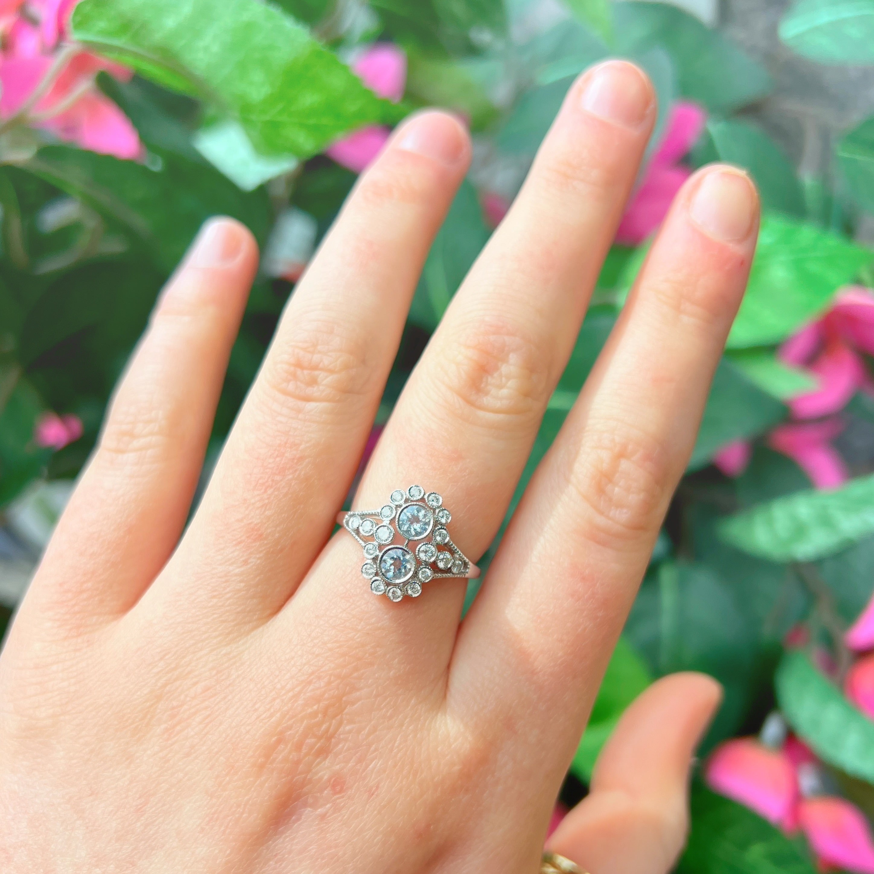 Edwardian Reproduction Aquamarine and Diamond 18ct White Gold Ring | Size N ½