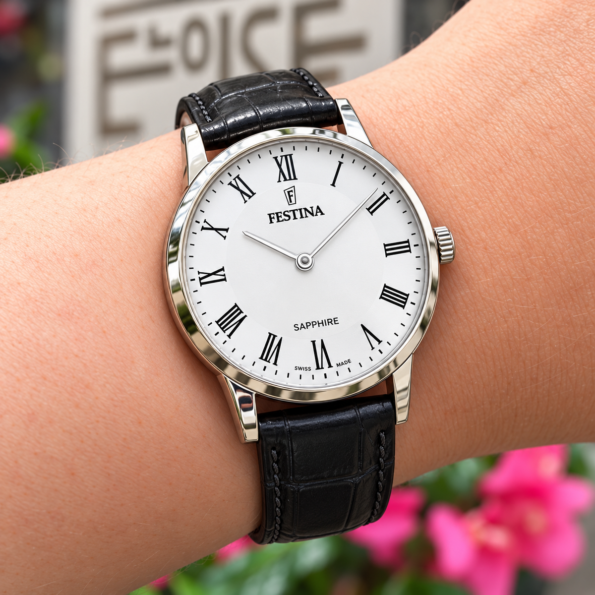 Festina | Swiss Steel White Dial Black Leather Strap Watch | Ladies