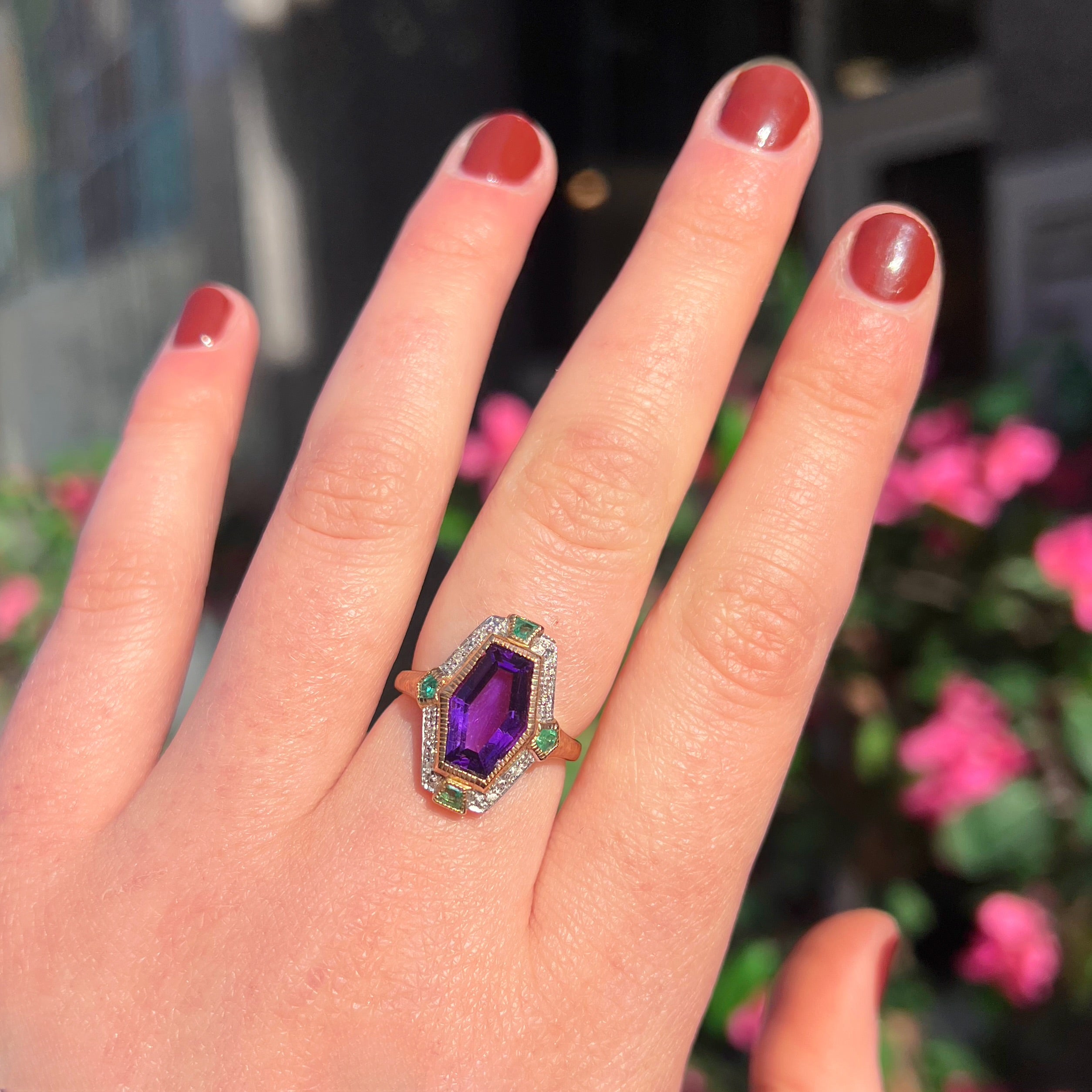 Art Deco Reproduction Amethyst Emerald and Diamond 9ct Yellow Gold Ring | Size N