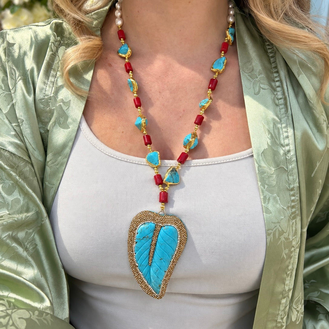 Red Coral & Turquoise 18ct Yellow Gold Plated Beaded Leaf Chunky Necklace