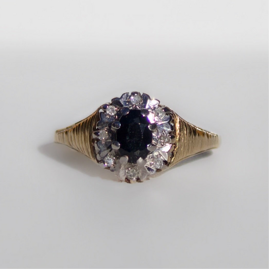 Vintage 9ct Yellow Gold Princess Diana Inspired Sapphire and Diamond Halo Cluster Ring - Size N 1/2