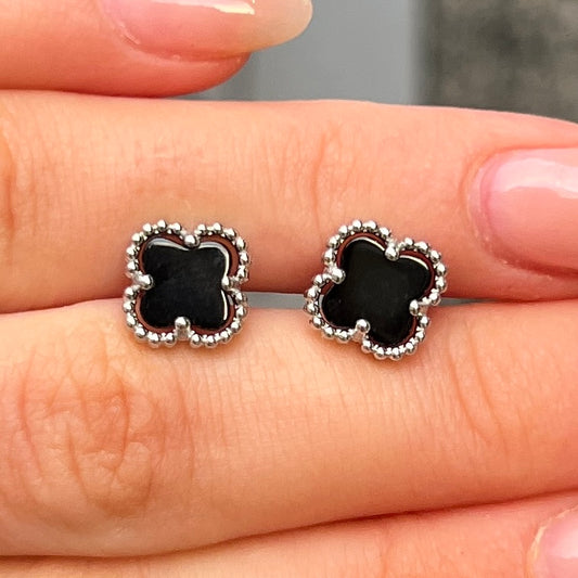 Sterling Silver Black Onyx Clover Stud Earrings