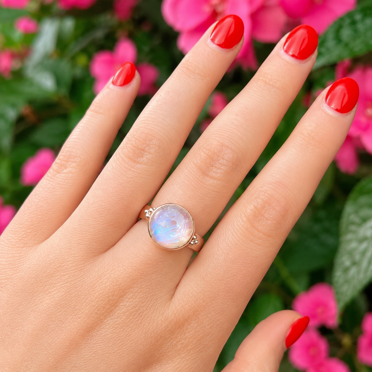 Striking Sterling Silver Round Rainbow Moonstone Ring - Size N