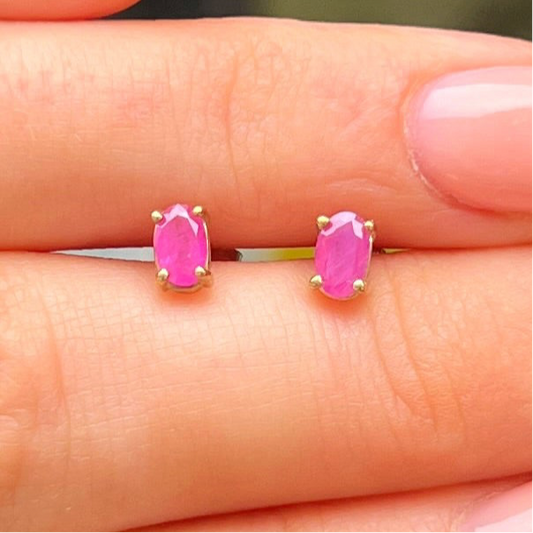 Dainty 9ct Yellow Gold Pink Ruby Oval Cut Stud Earrings