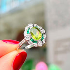 Art Deco Reproduction Peridot, Emerald and Diamond 9ct White Gold Ring | Size M ½