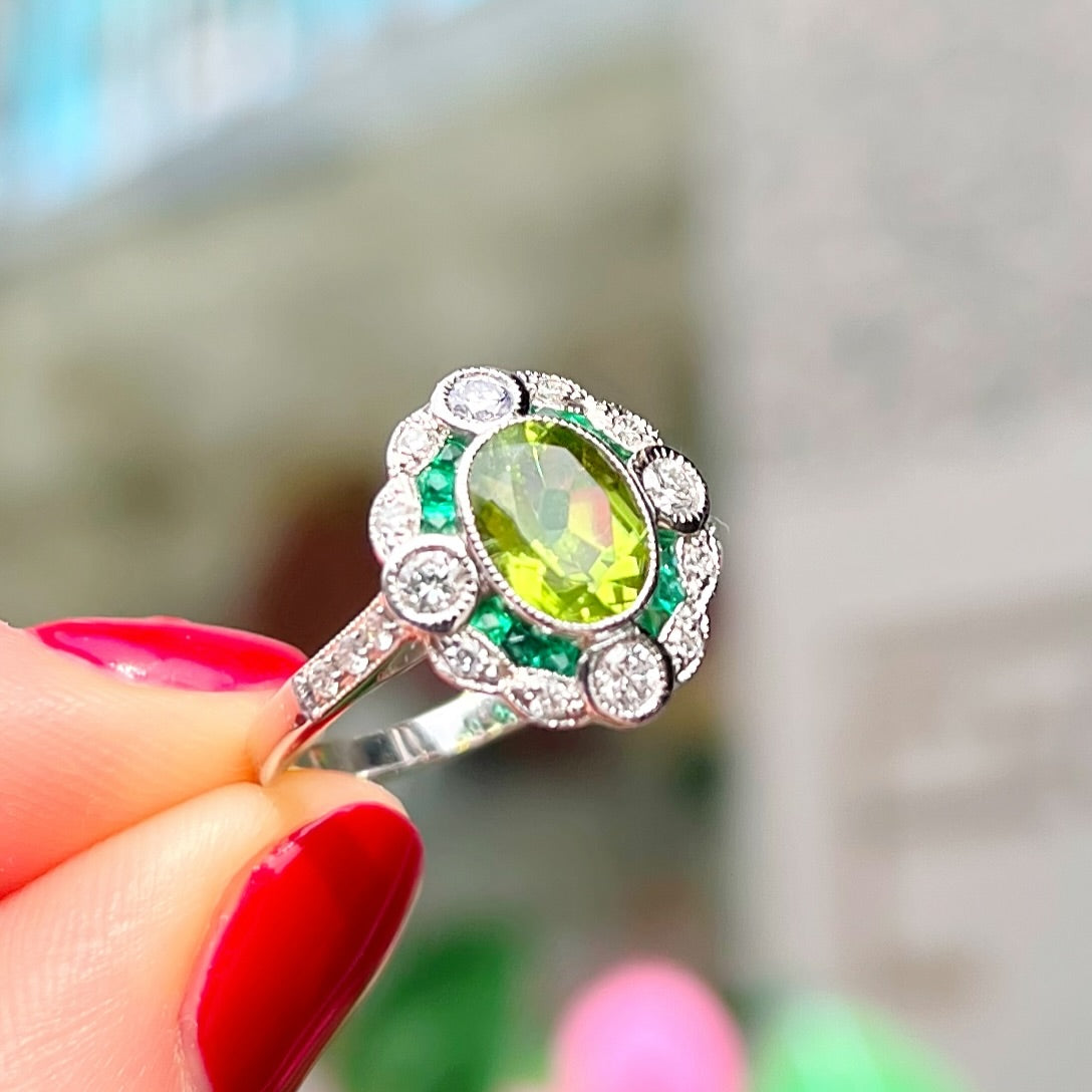 Art Deco Reproduction Peridot, Emerald and Diamond 9ct White Gold Ring | Size M ½