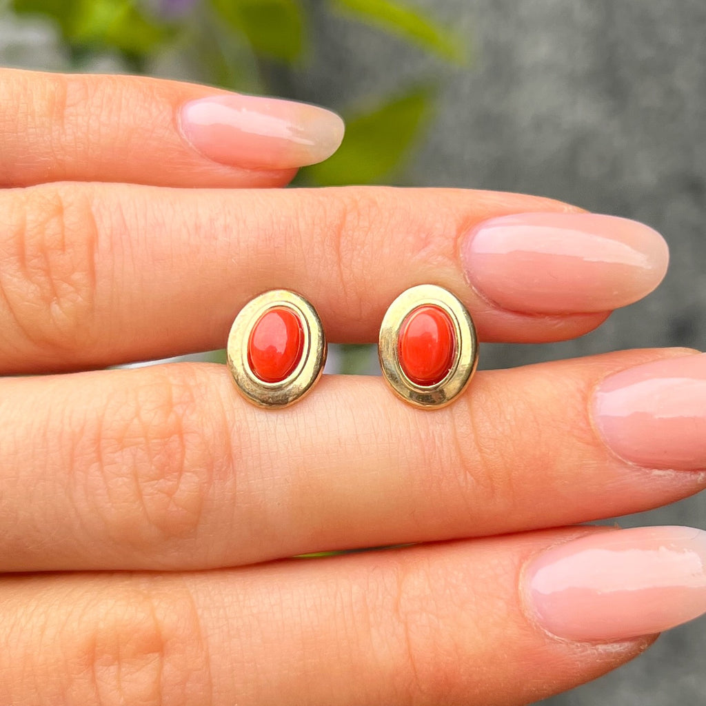 Rare Oval Coral 9ct Yellow Gold Stud Earrings