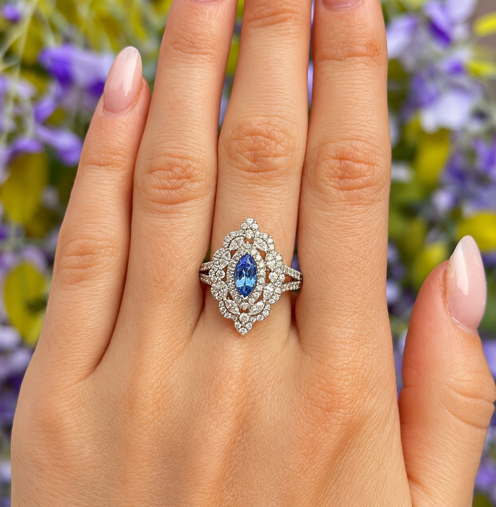 'The Victoria' Marquise Tanzanite and Diamond 18ct White Gold Ring