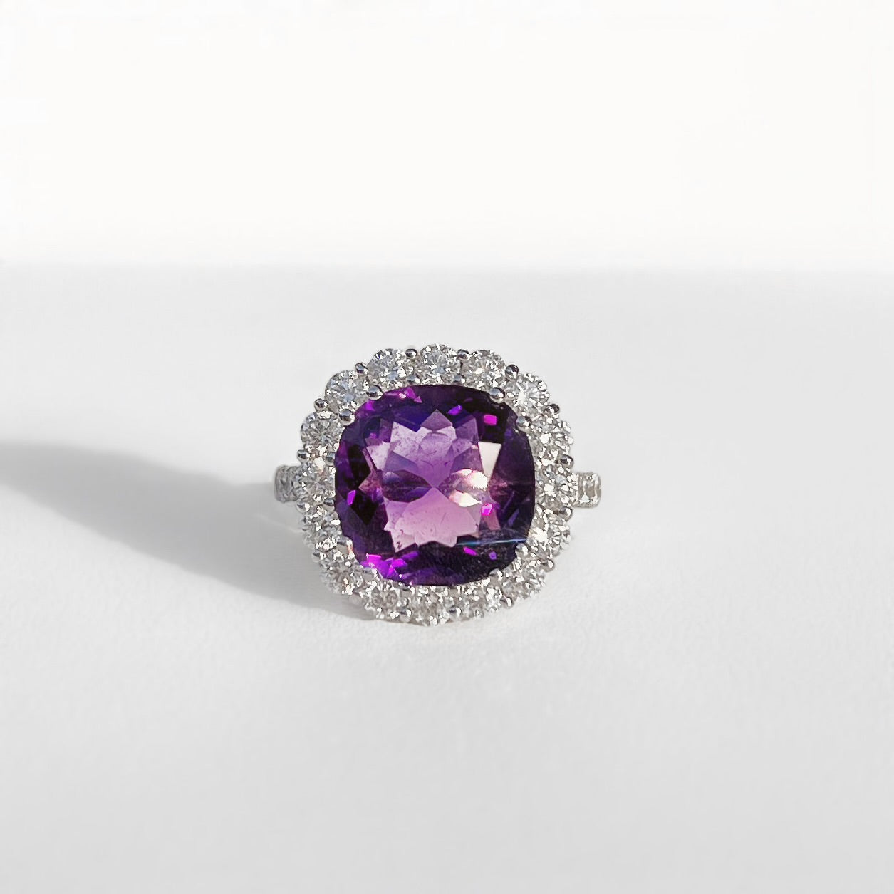 'Elizabeth' Ring - Spectacular 18ct White Gold Amethyst and Diamond Statement Dress Ring – Size N 1/2