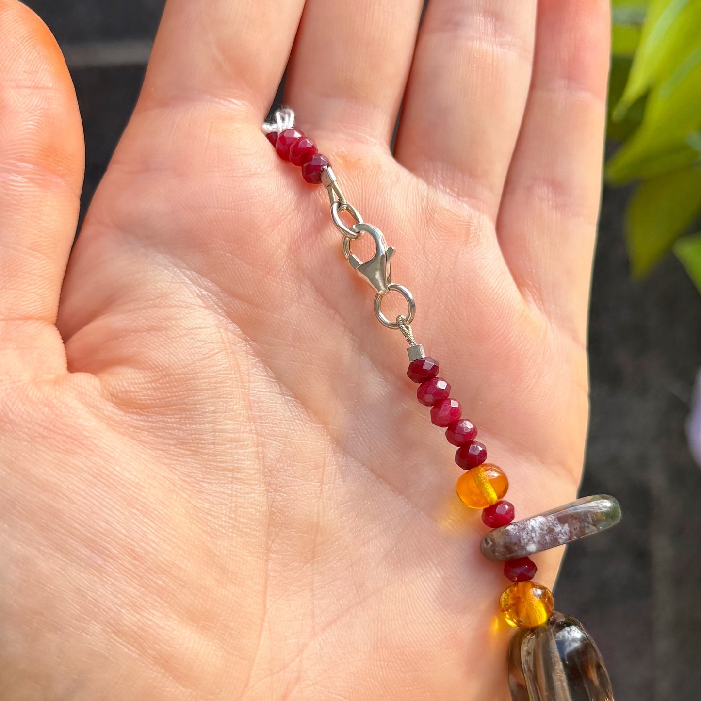 Amber, Carnelian, Garnet, Agate, & Smoky Quartz Sterling Silver Beaded Necklace