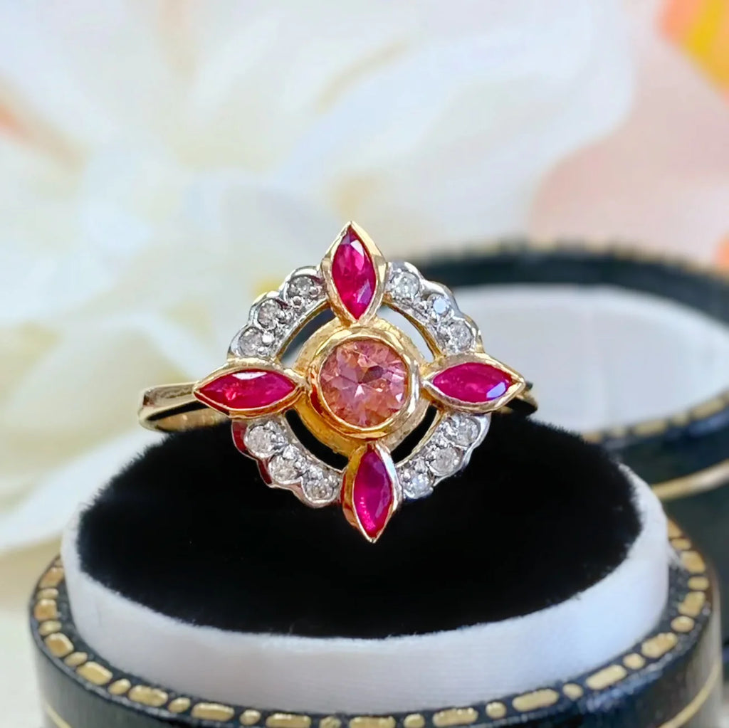 Edwardian Reproduction Pink Tourmaline, Ruby and Diamond 9ct Yellow Gold Ring | Size O