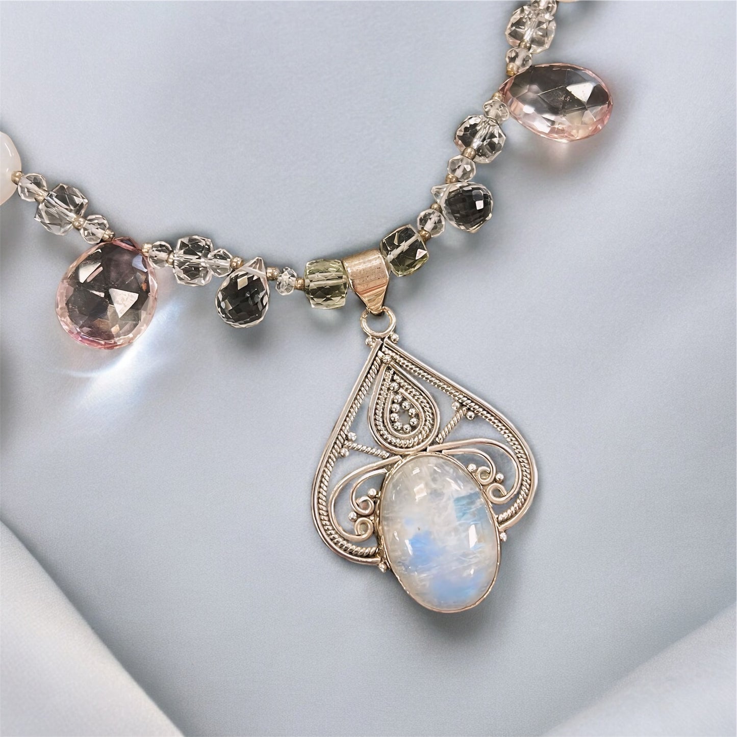 One-of-a-kind Sterling Silver Rainbow Moonstone and Pastel Chunky Gemstone Necklace