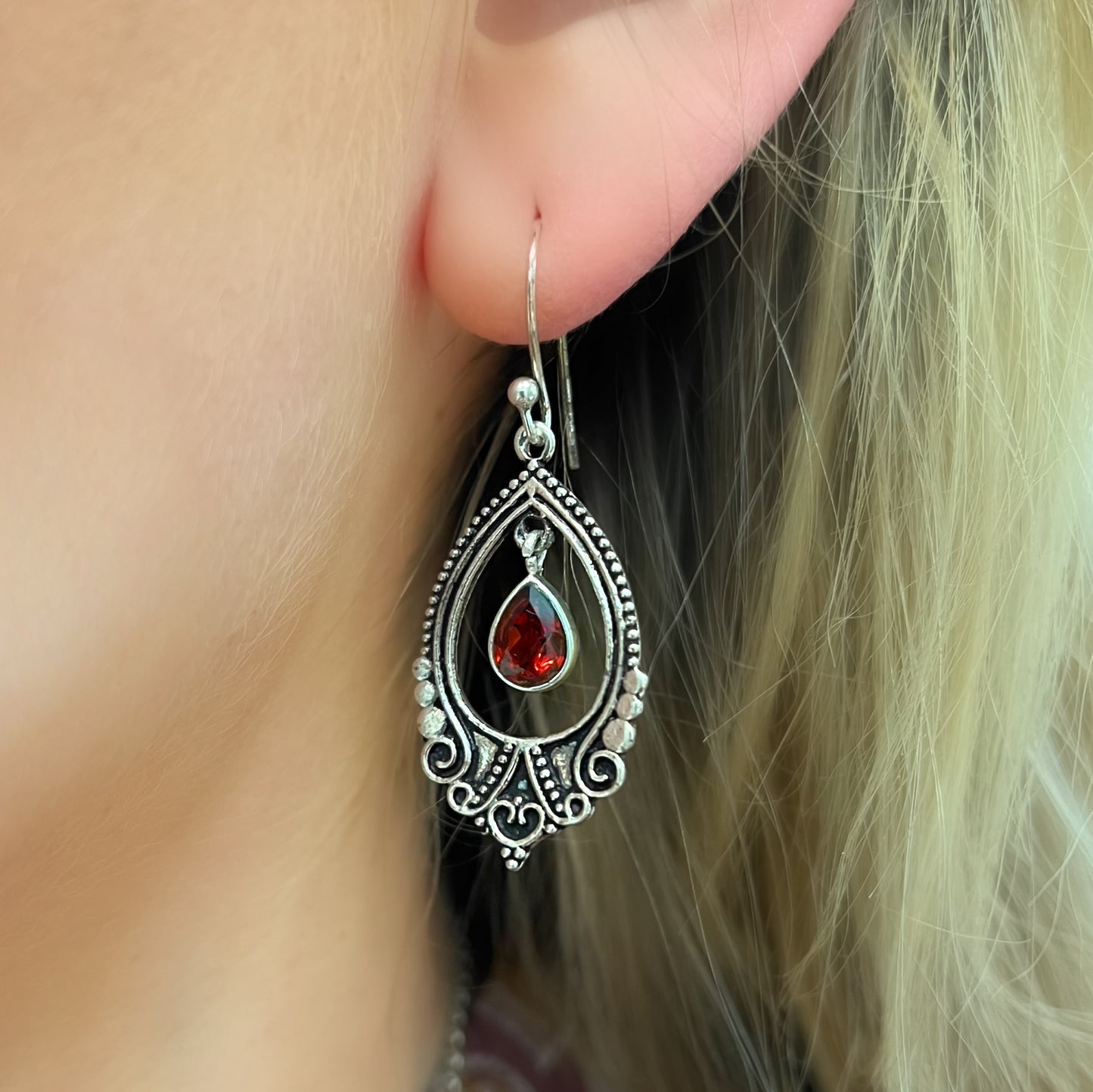 Beautiful Boho Inspired Sterling Silver Filigree Garnet Earrings