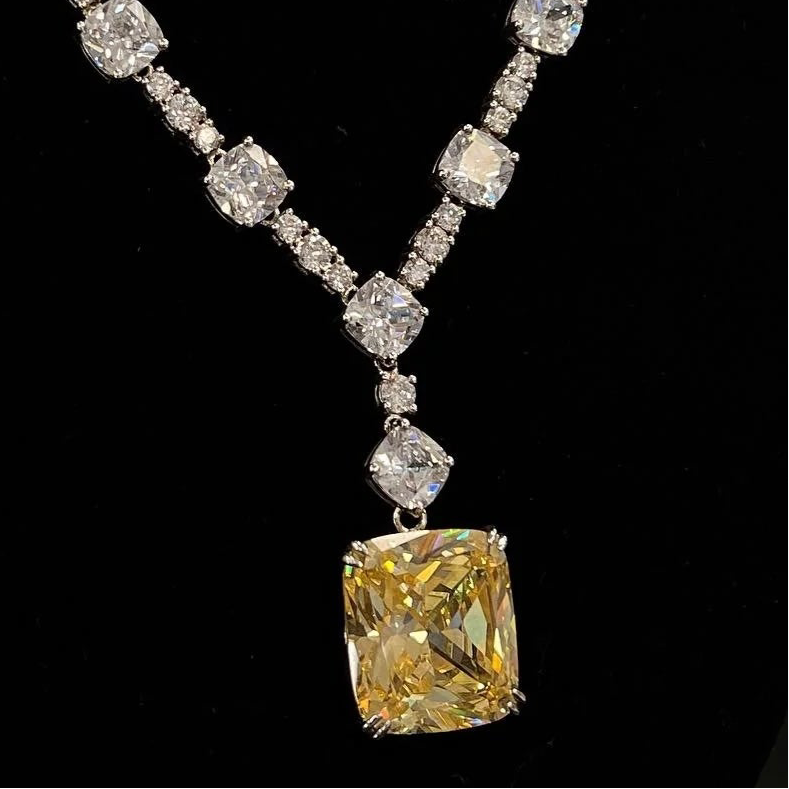 Clear and Lemon Yellow Cubic Zirconia Sterling Silver Encrusted Necklace