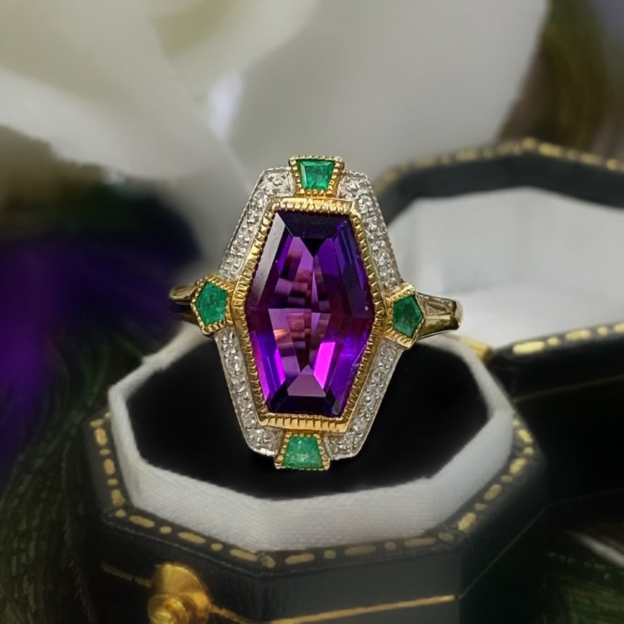 Art Deco Inspired 9ct Yellow Gold Amethyst Emerald and Diamond Ring- Size N