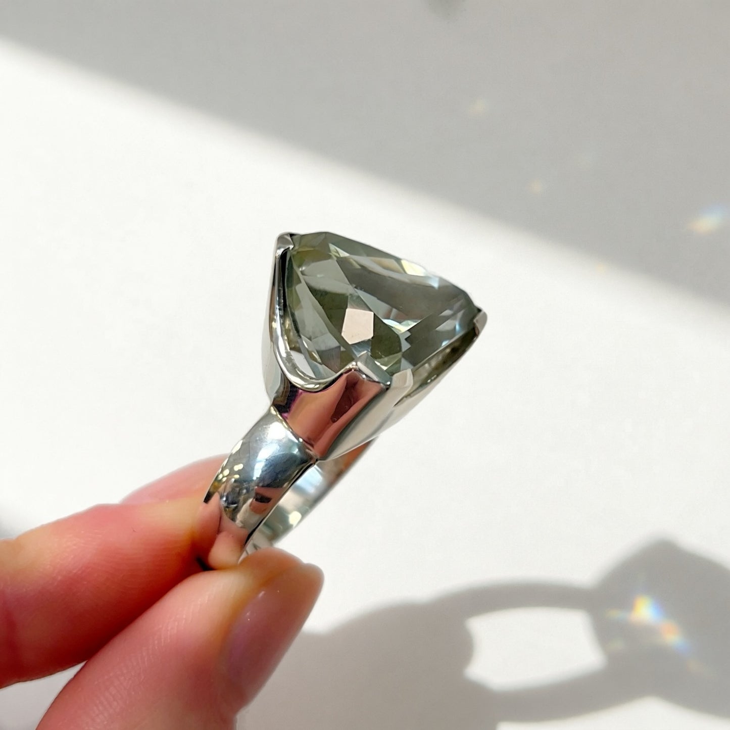 Chunky Sterling Silver Trillion-Cut Green Amethyst Cocktail Ring - Size R ½