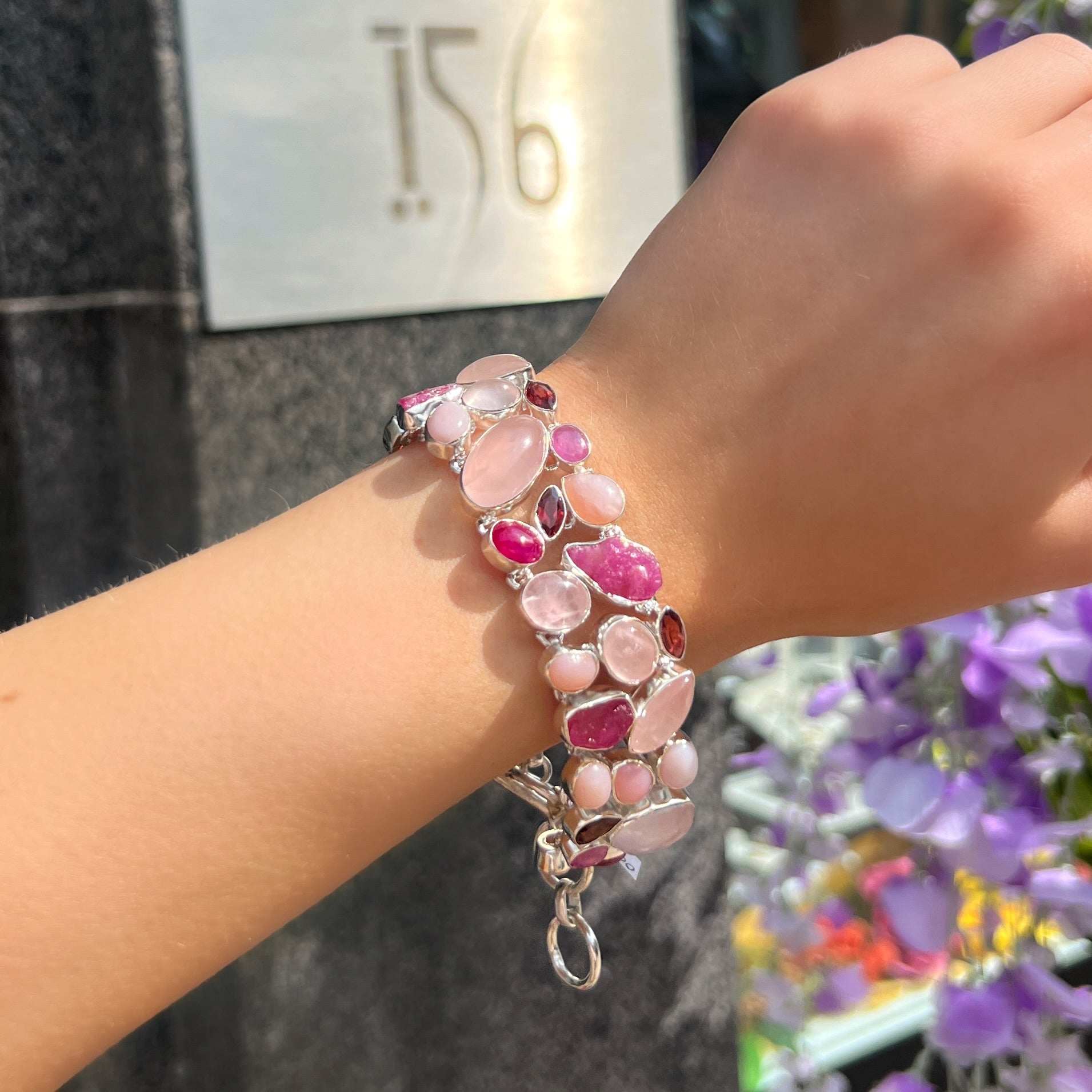 Ruby, White Pearl, Rose Quartz & Clear Quartz Sterling Silver Chunky Bracelet