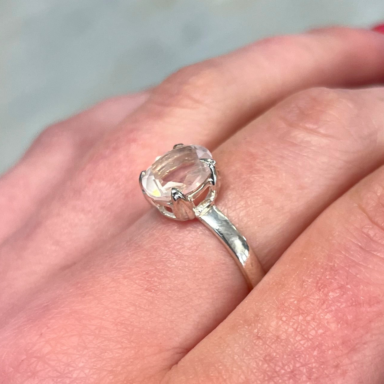 Pink Rose Quartz Sterling Silver Marquise Cut Ring - Size Q