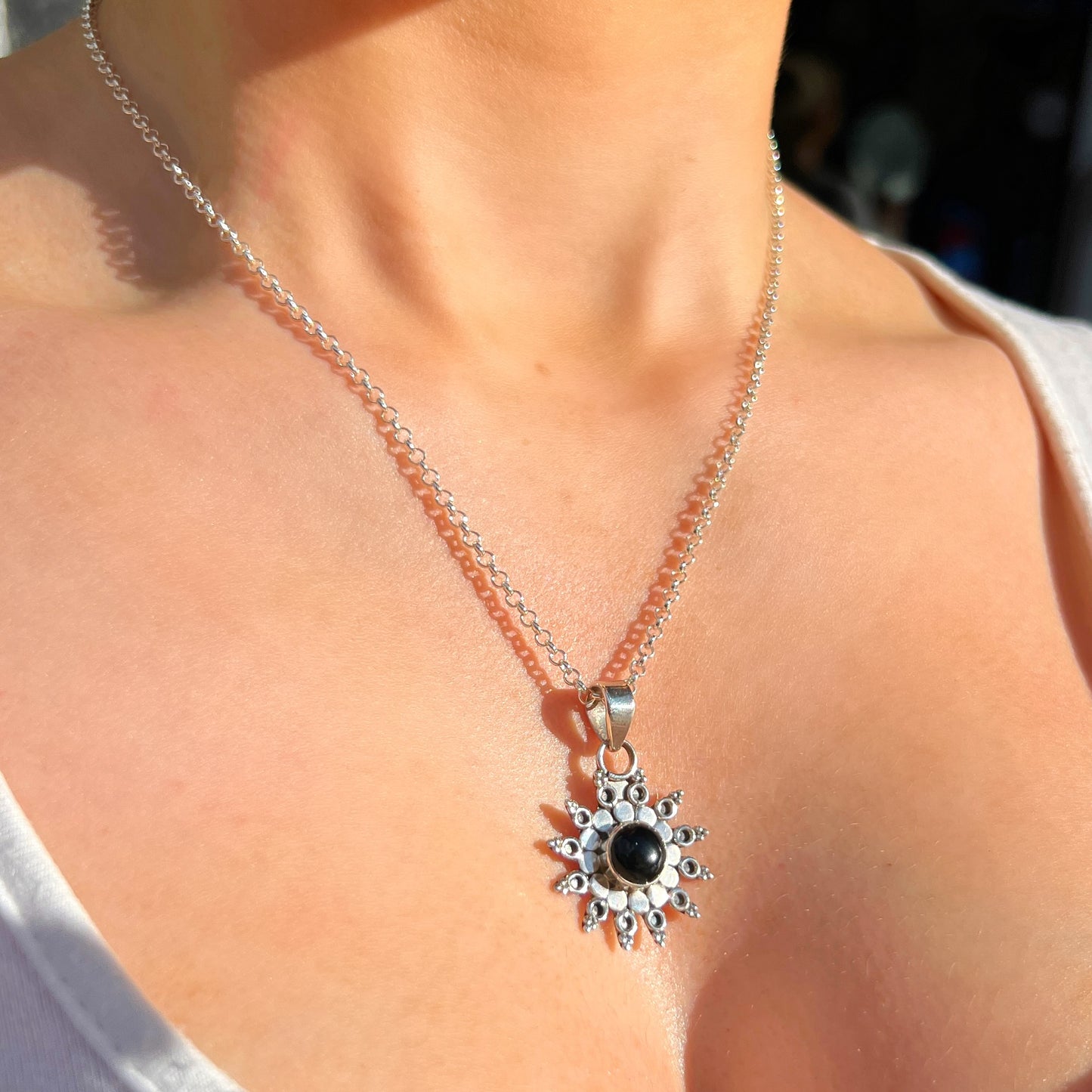 Sterling Silver Black Onyx Mandala Sun Necklace